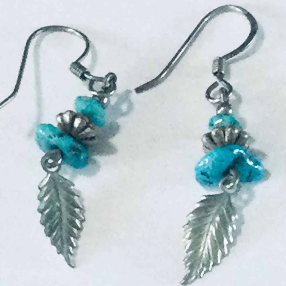 Native American Turquoise and Silver Feather Drop Earrings